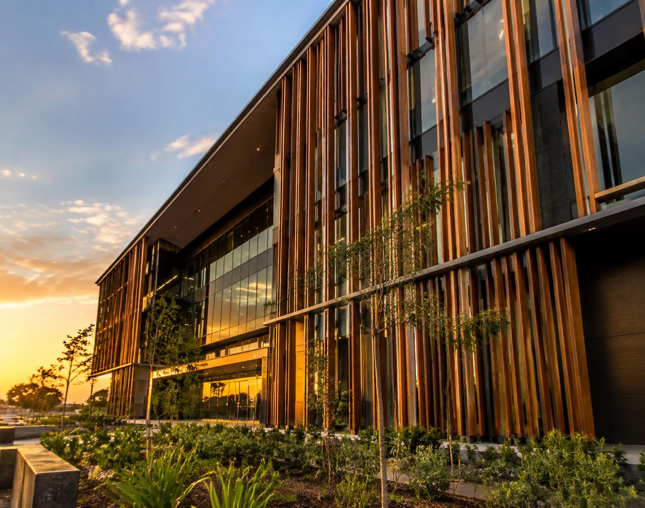 Timber louvred facade at golden hour