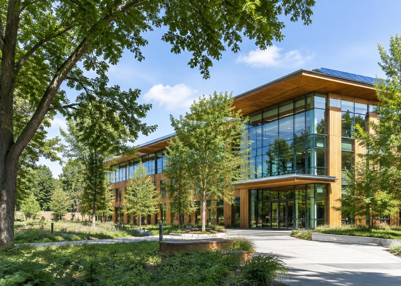 Sustainable timber and glass building among trees